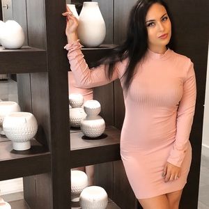 Mid-thigh Nudey Pink body dress [Long Sleves]